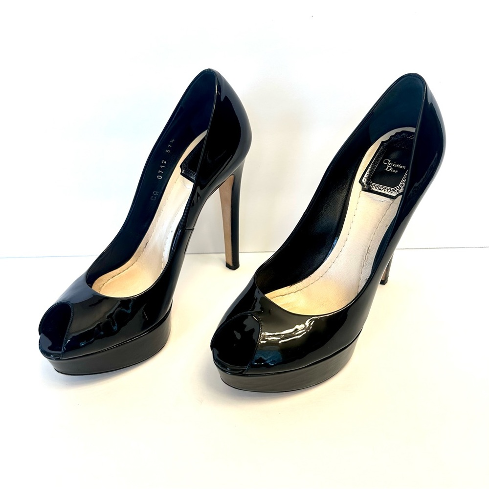 Christian Dior black patent leather peep toe heels, size 37.5